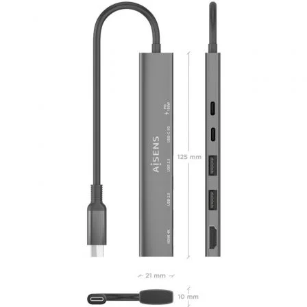 Aisens USB-C Dock 5 en 1 HDMI 4K, 2xUSB-A, 2xUSB-C PD, Gris Aisens USB-C Dock 5 en 1 HDMI 4K, 2xUSB-A, 2xUSB-C PD, Gris